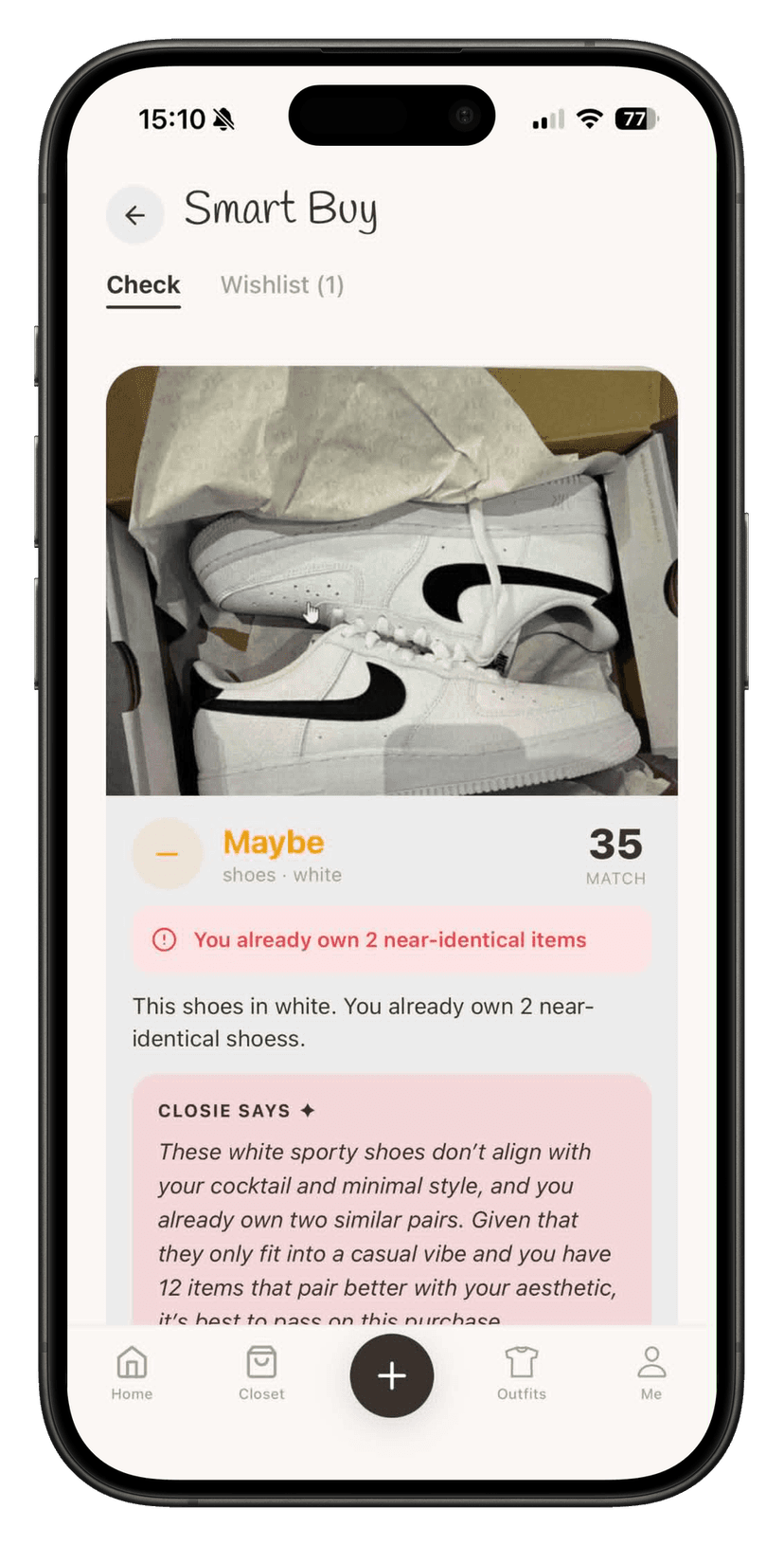 Closie Smart Buy feature checking whether a new item fits the wardrobe